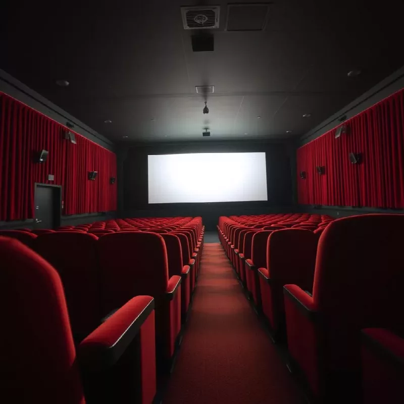 Une salle de cinéma vide, aux fauteuils rouges éclairés par l'écran